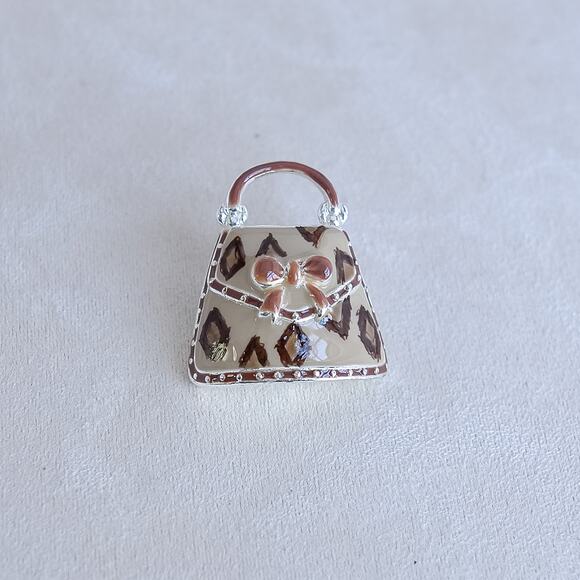 Vintage Purse Brooch Beige Enamel Finish Pin Clasp Gift Silver Tone Metal Cute - Picture 2 of 5